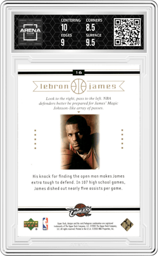 LeBron James from the 2003-04 Upper Deck LeBron James  set graded by Arena Club and given an overall grade of 9.