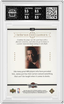 LeBron James from the 2003 Upper Deck LeBron James Box Set set graded by Arena Club and given an overall grade of 9.