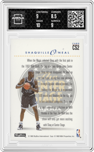 Shaquille O'Neal  from the 1993-94 SkyBox Premium set graded by Arena Club and given an overall grade of 9.