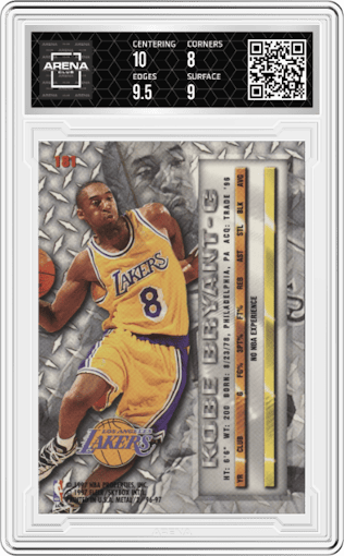 Kobe Bryant from the 1996-97 Fleer Metal  set graded by Arena Club and given an overall grade of 8.5.