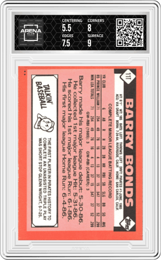 Barry Bonds from the 1986 Topps Traded set graded by Arena Club and given an overall grade of 6.
