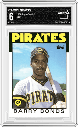 Barry Bonds from the 1986 Topps Traded set graded by Arena Club and given an overall grade of 6.