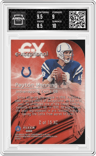 Peyton Manning from the 2000 Fleer E-X set featuring a Red parallel graded by Arena Club and given an overall grade of 9.