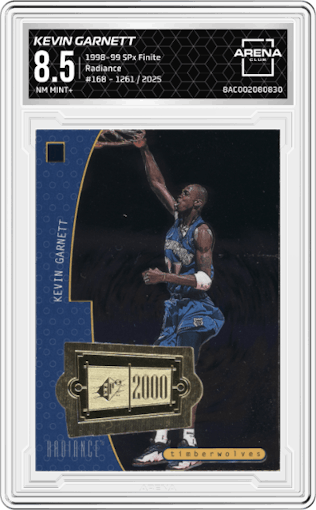 Kevin Garnett from the 1998-99 SPx Finite set graded by Arena Club and given an overall grade of 8.5.