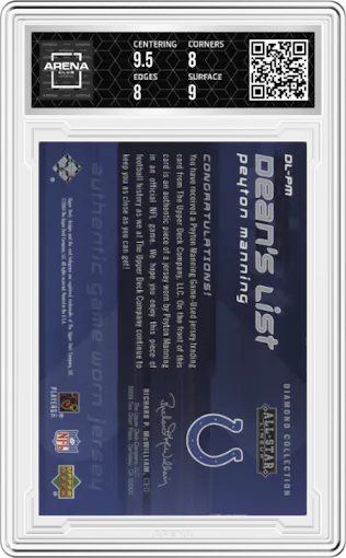 Peyton Manning from the 2004 Upper Deck Diamond Collection All-Star Lineup set graded by Arena Club and given an overall grade of 8.5.