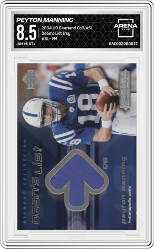 Peyton Manning from the 2004 Upper Deck Diamond Collection All-Star Lineup set graded by Arena Club and given an overall grade of 8.5.