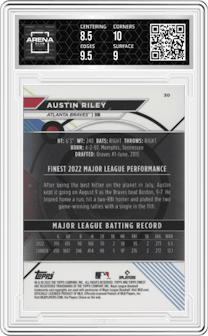 Austin Riley from the 2023 Topps Finest set graded by Arena Club and given an overall grade of 9.