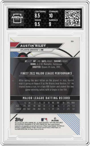 Austin Riley from the 2023 Topps Finest set graded by Arena Club and given an overall grade of 9.