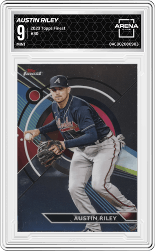 Austin Riley from the 2023 Topps Finest set graded by Arena Club and given an overall grade of 9.