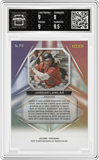 Jordan Lawlar from the 2023 Panini Prizm set graded by Arena Club and given an overall grade of 9.
