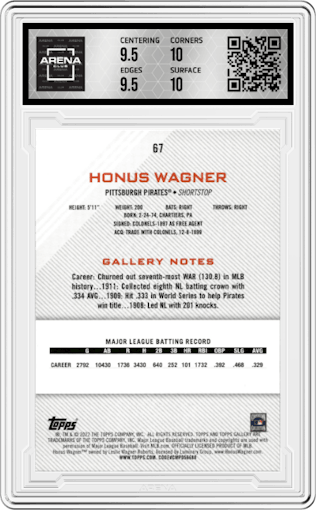 Honus Wagner from the 2022 Topps Gallery set graded by Arena Club and given an overall grade of 10.