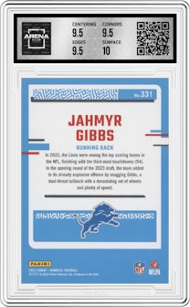 Jahmyr Gibbs from the 2023 Panini Donruss set graded by Arena Club and given an overall grade of 10.