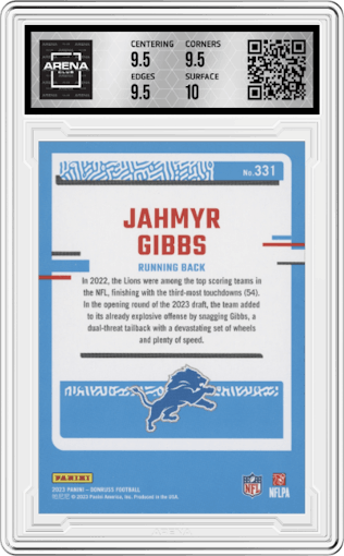 Jahmyr Gibbs from the 2023 Panini Donruss set graded by Arena Club and given an overall grade of 10.