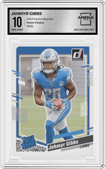Jahmyr Gibbs from the 2023 Panini Donruss set graded by Arena Club and given an overall grade of 10.