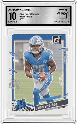 Jahmyr Gibbs from the 2023 Panini Donruss set graded by Arena Club and given an overall grade of 10.
