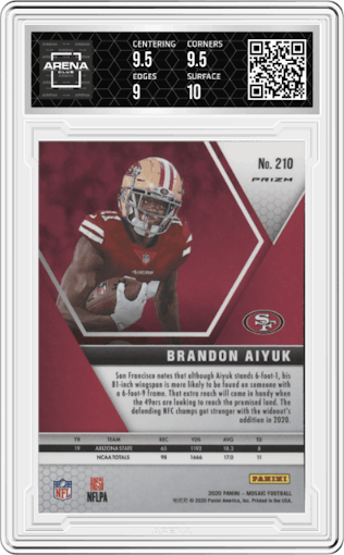 Brandon Aiyuk from the 2020 Panini Mosaic set featuring a Red Mosaic parallel graded by Arena Club and given an overall grade of 9.5.
