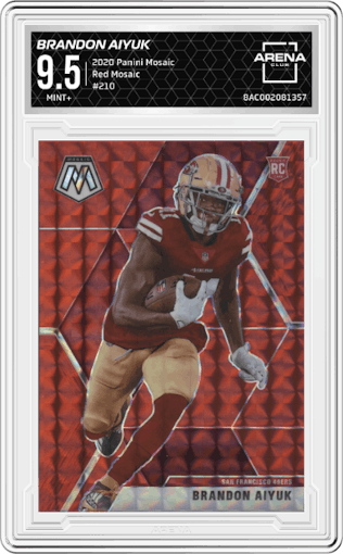 Brandon Aiyuk from the 2020 Panini Mosaic set featuring a Red Mosaic parallel graded by Arena Club and given an overall grade of 9.5.
