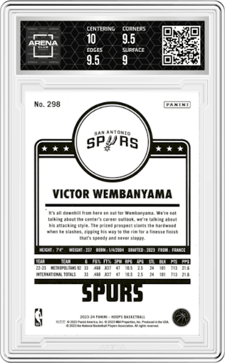 Victor Wembanyama from the 2023-24 Panini NBA Hoops set featuring a Winter parallel graded by Arena Club and given an overall grade of 9.5.
