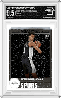 Victor Wembanyama from the 2023-24 Panini NBA Hoops set featuring a Winter parallel graded by Arena Club and given an overall grade of 9.5.