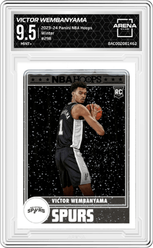 Victor Wembanyama from the 2023-24 Panini NBA Hoops set featuring a Winter parallel graded by Arena Club and given an overall grade of 9.5.