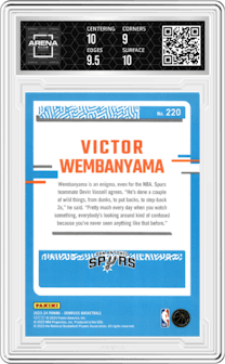 Victor Wembanyama from the 2023-24 Panini Donruss set featuring a Green Holo Laser  parallel graded by Arena Club and given an overall grade of 9.5.