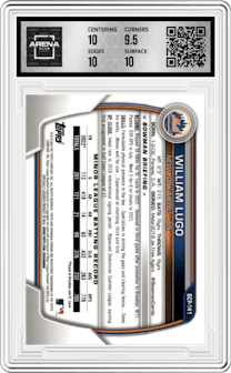 William Lugo from the 2023 Bowman Sapphire Edition set featuring a Red parallel graded by Arena Club and given an overall grade of 10.