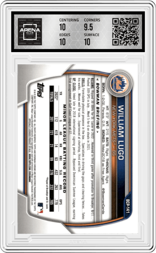 William Lugo from the 2023 Bowman Sapphire Edition set featuring a Red parallel graded by Arena Club and given an overall grade of 10.