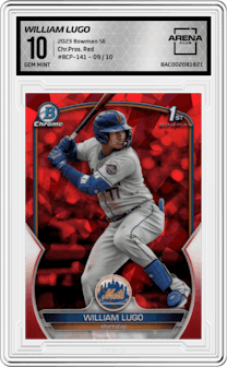 William Lugo from the 2023 Bowman Sapphire Edition set featuring a Red parallel graded by Arena Club and given an overall grade of 10.