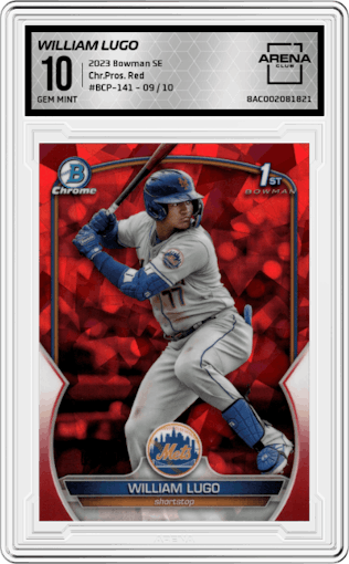 William Lugo from the 2023 Bowman Sapphire Edition set featuring a Red parallel graded by Arena Club and given an overall grade of 10.