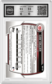 Cam Collier from the 2023 Bowman Sapphire Edition set featuring a Orange parallel graded by Arena Club and given an overall grade of 10.