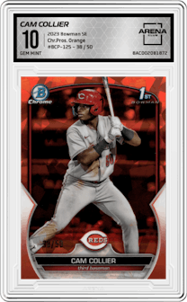 Cam Collier from the 2023 Bowman Sapphire Edition set featuring a Orange parallel graded by Arena Club and given an overall grade of 10.