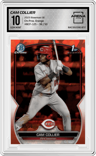 Cam Collier from the 2023 Bowman Sapphire Edition set featuring a Orange parallel graded by Arena Club and given an overall grade of 10.