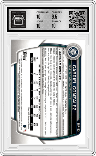 Gabriel Gonzalez from the 2023 Bowman Sapphire Edition set featuring a Purple parallel graded by Arena Club and given an overall grade of 10.