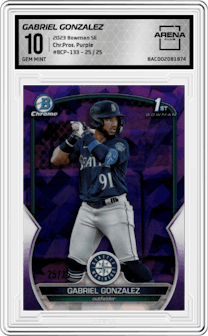 Gabriel Gonzalez from the 2023 Bowman Sapphire Edition set featuring a Purple parallel graded by Arena Club and given an overall grade of 10.