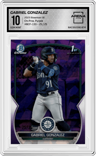 Gabriel Gonzalez from the 2023 Bowman Sapphire Edition set featuring a Purple parallel graded by Arena Club and given an overall grade of 10.
