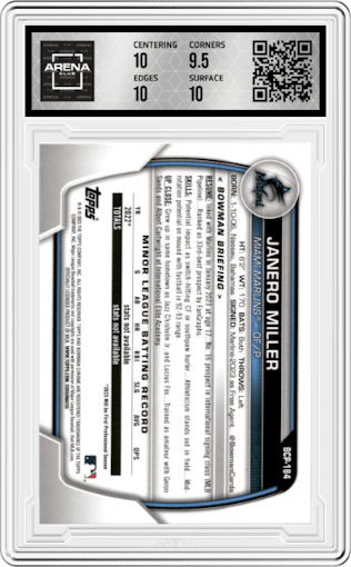 Janero Miller from the 2023 Bowman Chrome Sapphire Edition set featuring a Orange parallel graded by Arena Club and given an overall grade of 10.