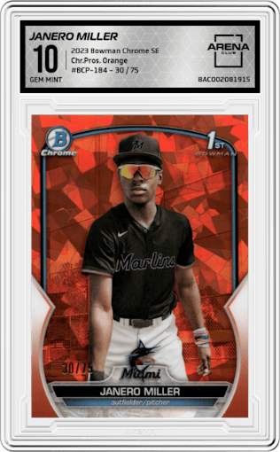 Janero Miller from the 2023 Bowman Chrome Sapphire Edition set featuring a Orange parallel graded by Arena Club and given an overall grade of 10.