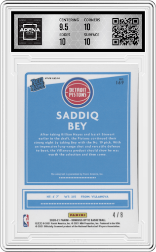 Saddiq Bey from the 2020-21 Panini Donruss Optic set featuring a Choice Black Gold parallel graded by Arena Club and given an overall grade of 10.