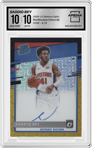 Saddiq Bey from the 2020-21 Panini Donruss Optic set featuring a Choice Black Gold parallel graded by Arena Club and given an overall grade of 10.