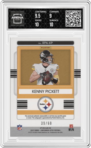Kenny Pickett from the 2022 Panini Contenders Optic set graded by Arena Club and given an overall grade of 9.5.