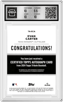 Evan Carter from the 2024 Topps Tribute set featuring a Orange  parallel graded by Arena Club and given an overall grade of 10.