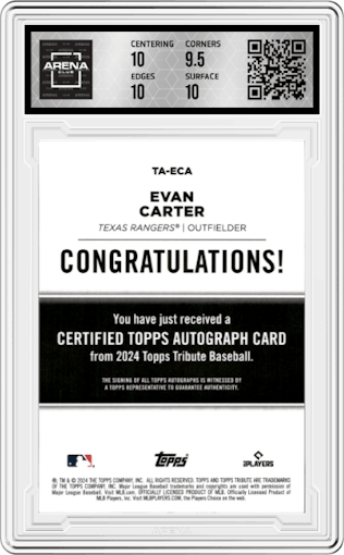 Evan Carter from the 2024 Topps Tribute set featuring a Orange  parallel graded by Arena Club and given an overall grade of 10.