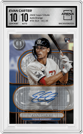 Evan Carter from the 2024 Topps Tribute set featuring a Orange  parallel graded by Arena Club and given an overall grade of 10.