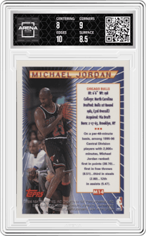 Michael Jordan from the 1996-97 Topps set featuring a Borderless parallel graded by Arena Club and given an overall grade of 8.5.