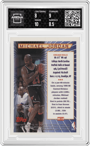 Michael Jordan from the 1996-97 Topps set featuring a Borderless parallel graded by Arena Club and given an overall grade of 8.5.