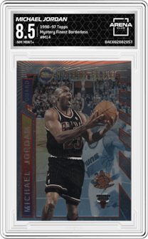 Michael Jordan from the 1996-97 Topps set featuring a Borderless parallel graded by Arena Club and given an overall grade of 8.5.