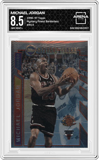 Michael Jordan from the 1996-97 Topps set featuring a Borderless parallel graded by Arena Club and given an overall grade of 8.5.
