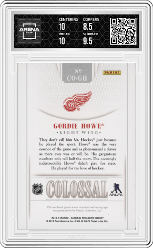 Gordie Howe from the 2013-14 Panini National Treasures set graded by Arena Club and given an overall grade of 9.