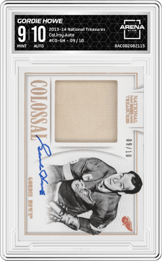 Gordie Howe from the 2013-14 Panini National Treasures set graded by Arena Club and given an overall grade of 9.