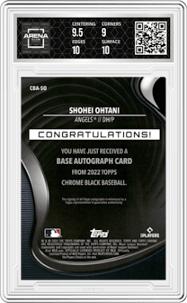 Shohei Ohtani from the 2022 Topps Chrome Black set featuring a Orange Refractor parallel graded by Arena Club and given an overall grade of 9.5.